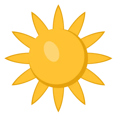 A bright yellow sun with eight tapered rays around a round face.