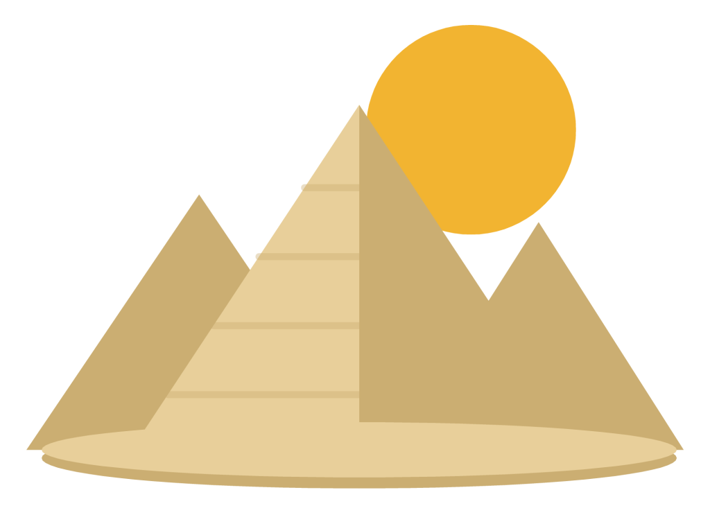 Three sand-coloured pyramids of different sizes with a sun behind them.