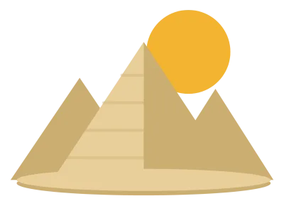 Three sand-coloured pyramids of different sizes with a sun behind them.