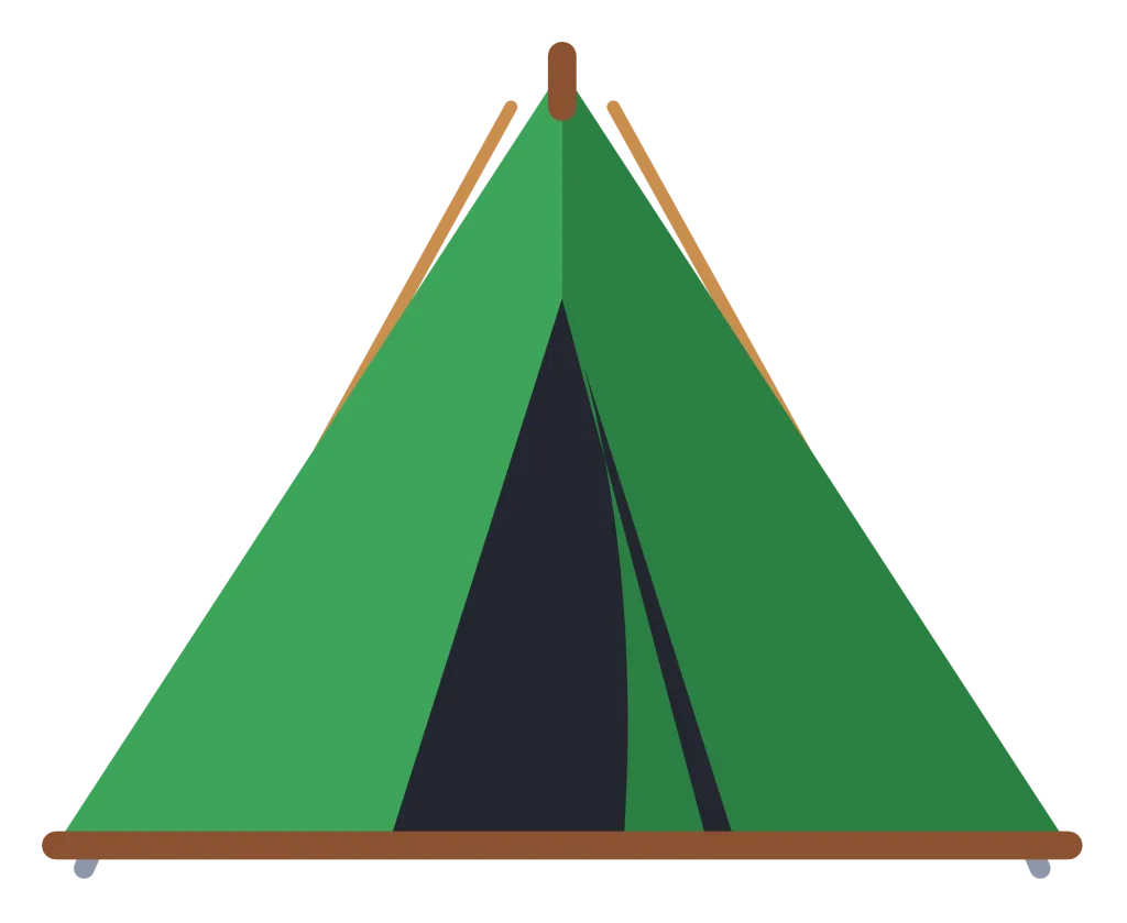 A green ridge tent with an open door flap, guy ropes and pegs.