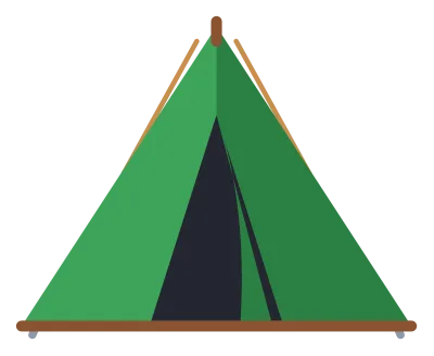 A green ridge tent with an open door flap, guy ropes and pegs.