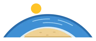 A beach scene with blue sea, breaking waves, golden sand and a sun overhead.