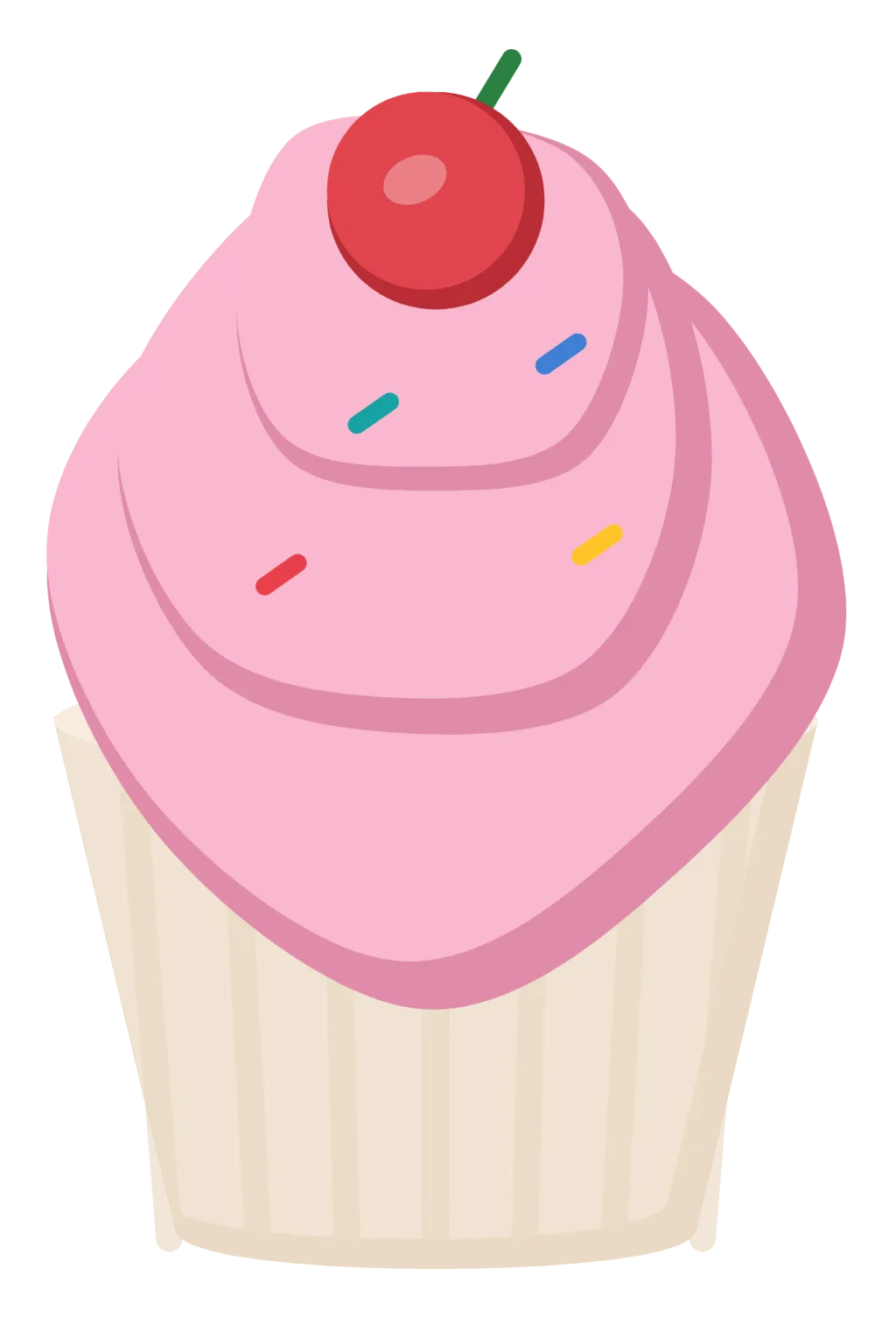 A cupcake in a striped paper case with a swirl of pink frosting, sprinkles and a cherry on top.
