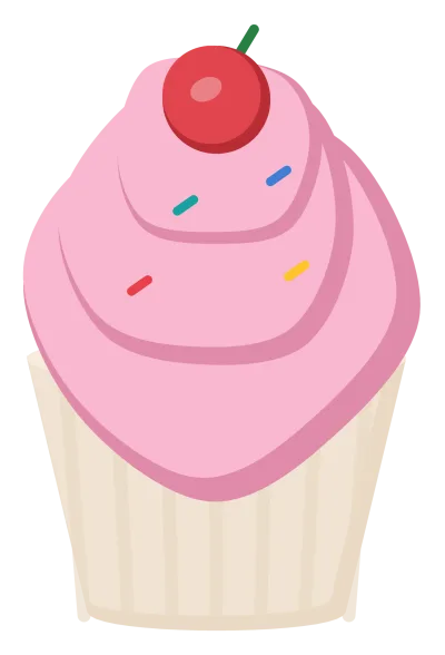 A cupcake in a striped paper case with a swirl of pink frosting, sprinkles and a cherry on top.