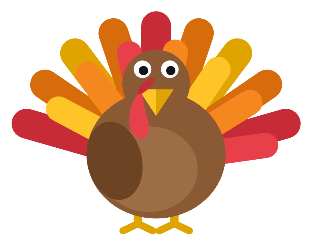 A plump brown cartoon turkey with a fanned tail of red, orange and yellow feathers, a red wattle and an orange beak.