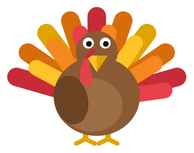 A plump brown cartoon turkey with a fanned tail of red, orange and yellow feathers, a red wattle and an orange beak.