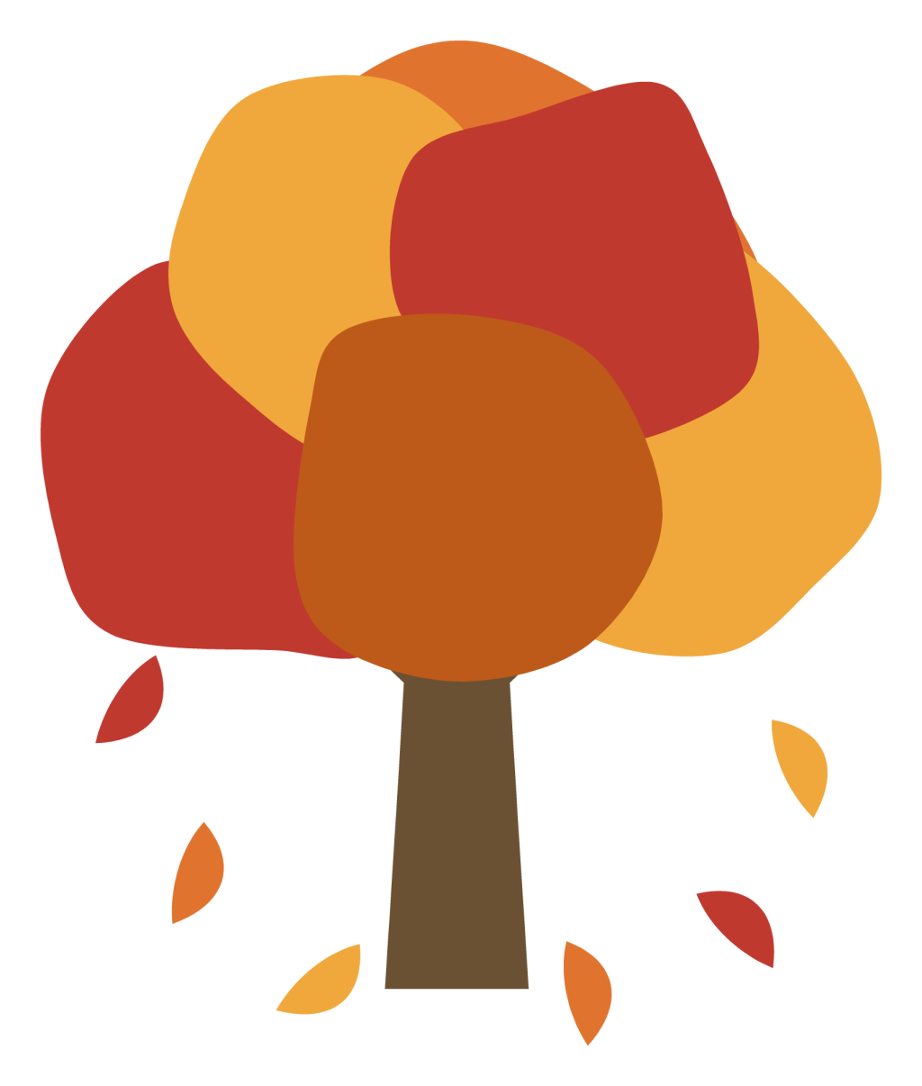 A tree in autumn colour with an orange, red and gold canopy and leaves falling beneath it.