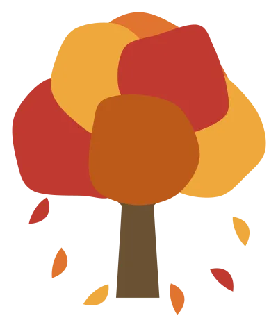 A tree in autumn colour with an orange, red and gold canopy and leaves falling beneath it.