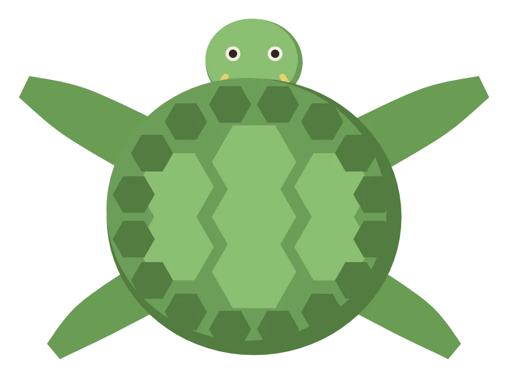A green sea turtle swimming, with a patterned shell, four broad flippers and a small striped head.