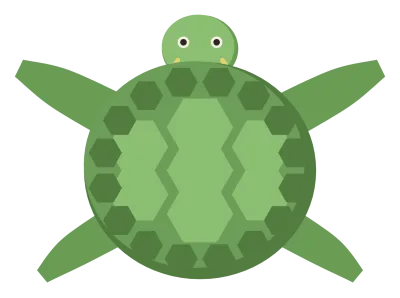 A green sea turtle swimming, with a patterned shell, four broad flippers and a small striped head.