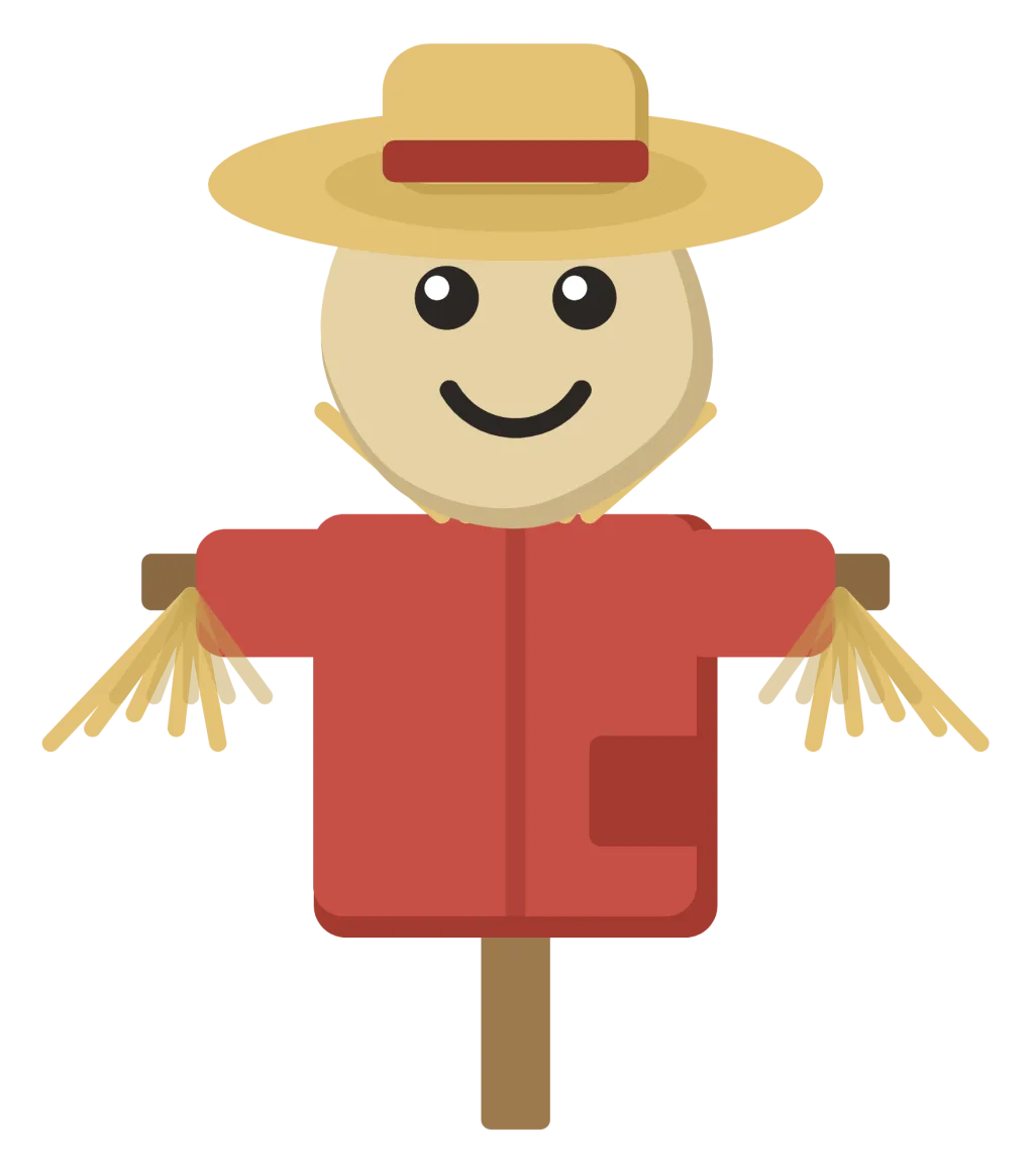 A scarecrow on a post, wearing a straw hat and a patched red shirt, with straw at the cuffs and collar.