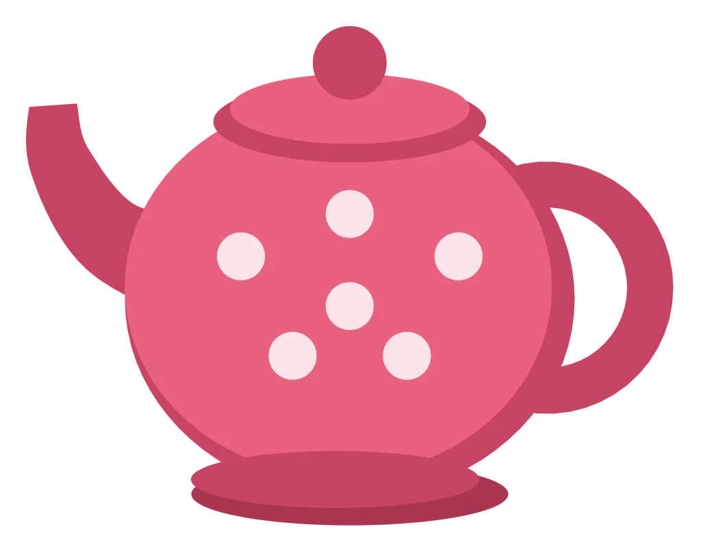 A round rose-coloured teapot with white dots, a curved spout and a lid with a knob.