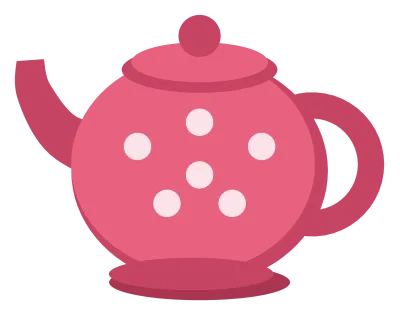 A round rose-coloured teapot with white dots, a curved spout and a lid with a knob.