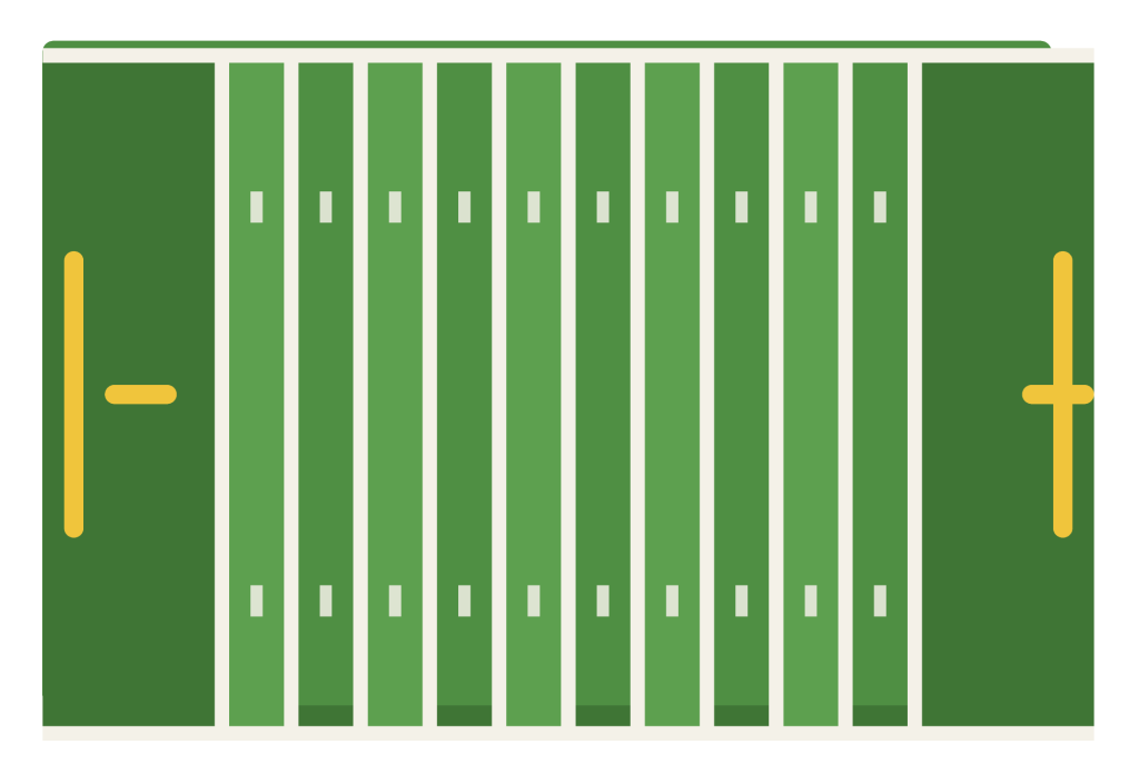 An american football field seen from above, with yard lines, hash marks and an end zone at each end.