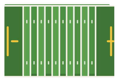 An american football field seen from above, with yard lines, hash marks and an end zone at each end.