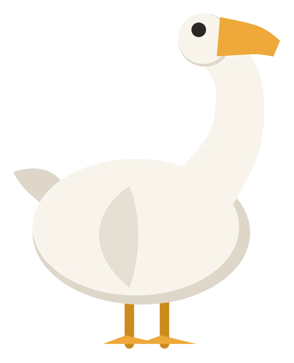 A white goose standing in profile, with a long curved neck, an orange bill and orange webbed feet.