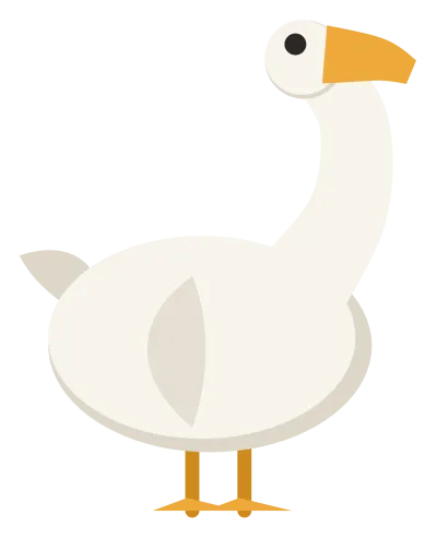 A white goose standing in profile, with a long curved neck, an orange bill and orange webbed feet.