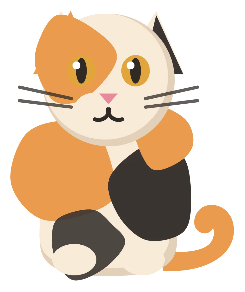 A calico cat sitting upright, white with uneven orange and black patches across its back and face.