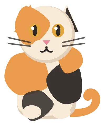 A calico cat sitting upright, white with uneven orange and black patches across its back and face.