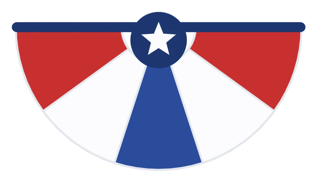 A half-round patriotic bunting fan in red, white and blue panels with a small star at the top.
