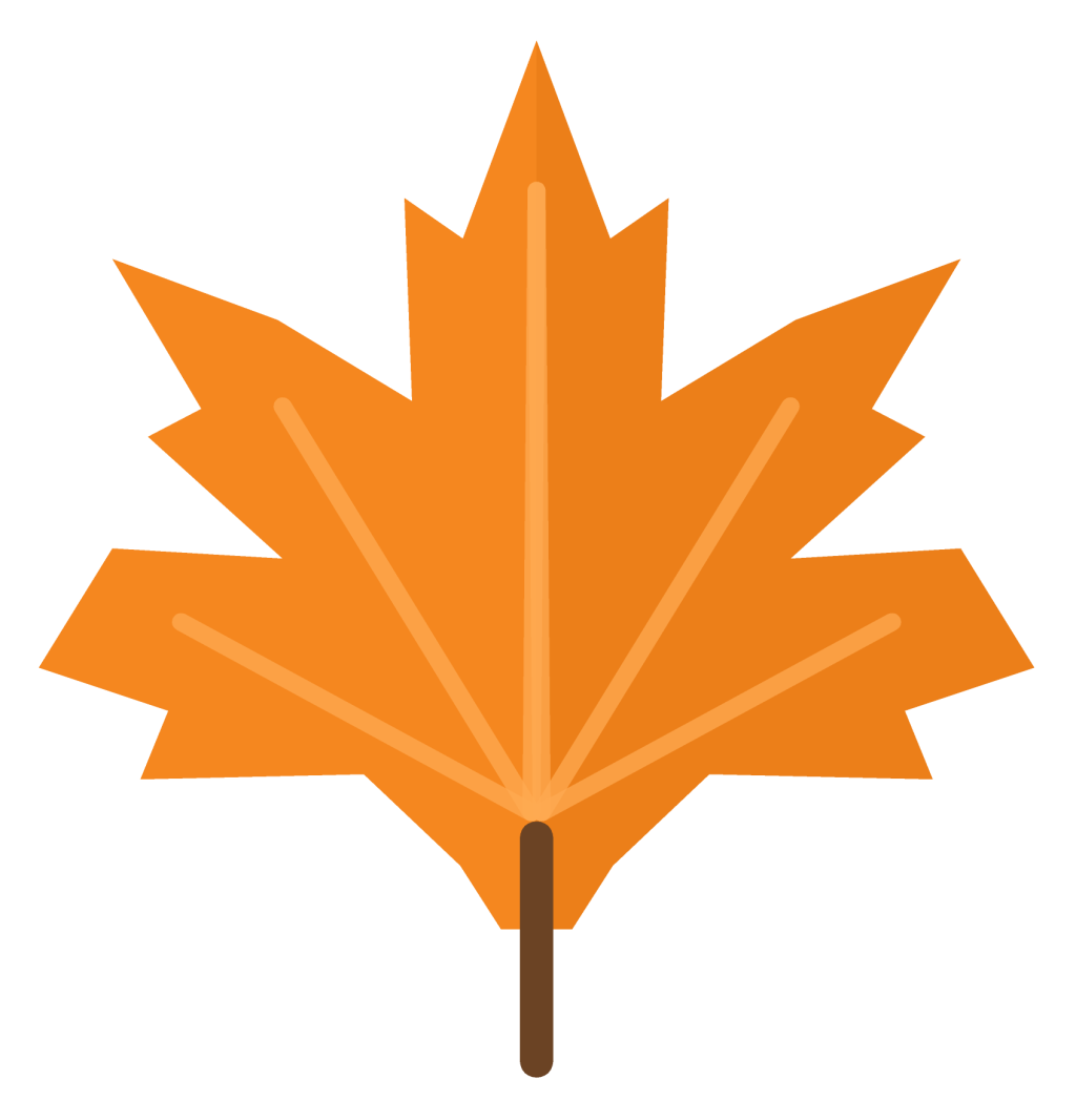 A pointed orange-red maple leaf with five lobes, pale veins and a short brown stem.