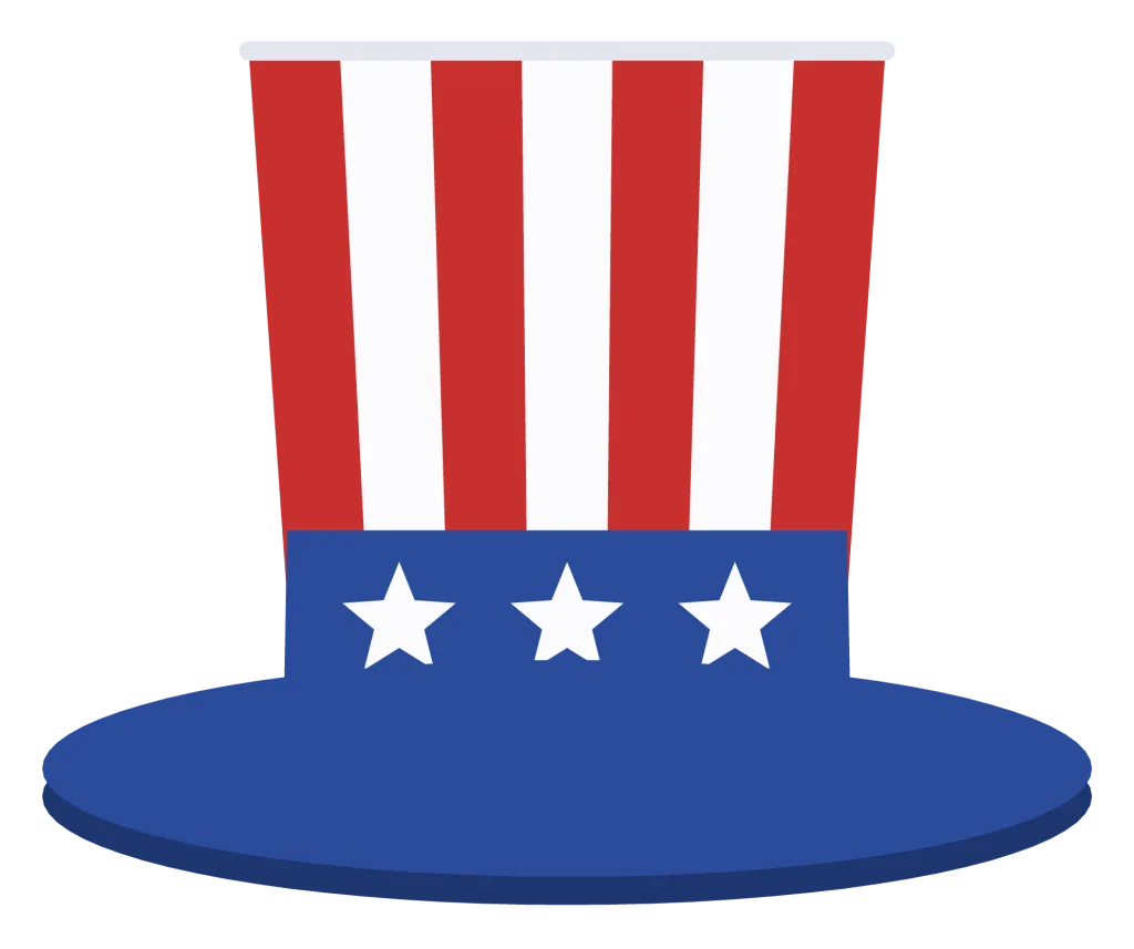 A tall Uncle Sam top hat with red and white vertical stripes on the crown and a blue star-spangled band above the brim.