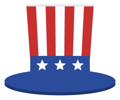 A tall Uncle Sam top hat with red and white vertical stripes on the crown and a blue star-spangled band above the brim.