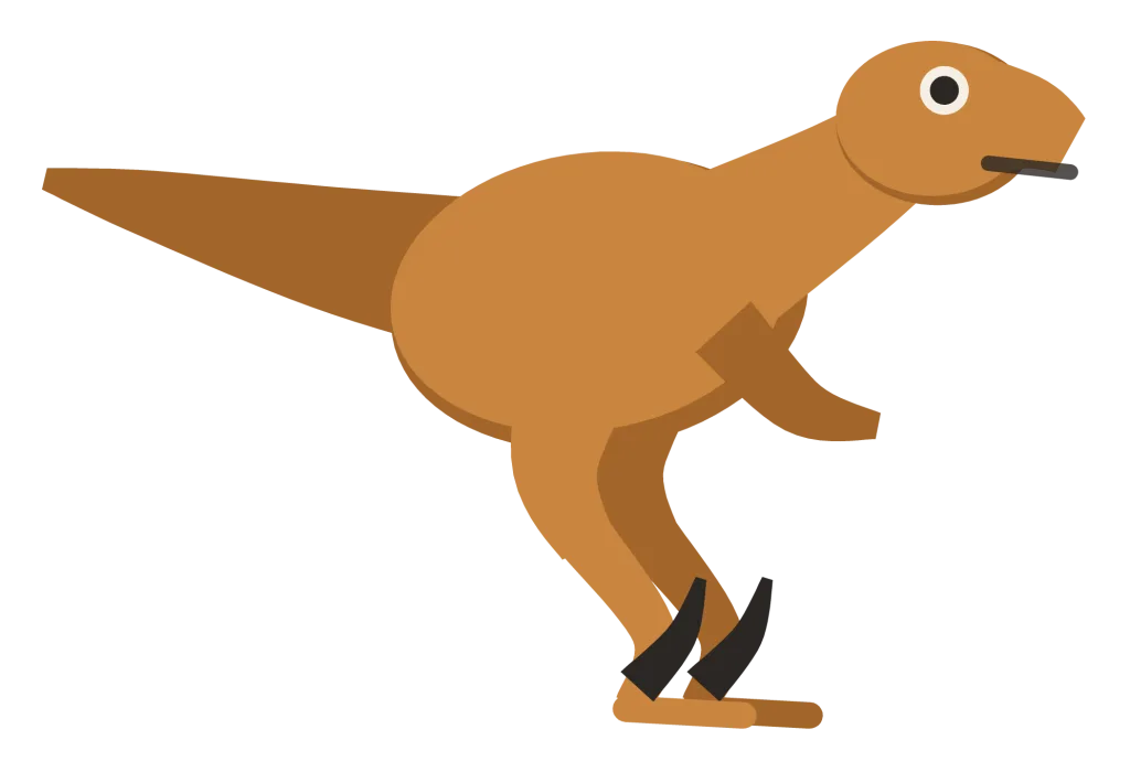 A tan velociraptor crouched forward in side view, with a stiff level tail and a raised sickle claw on each foot.