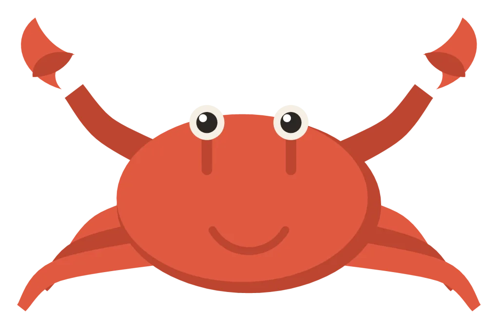 A red crab seen from above, wider than it is tall, with both claws raised and eyes on stalks.
