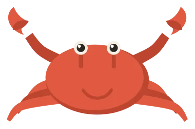A red crab seen from above, wider than it is tall, with both claws raised and eyes on stalks.