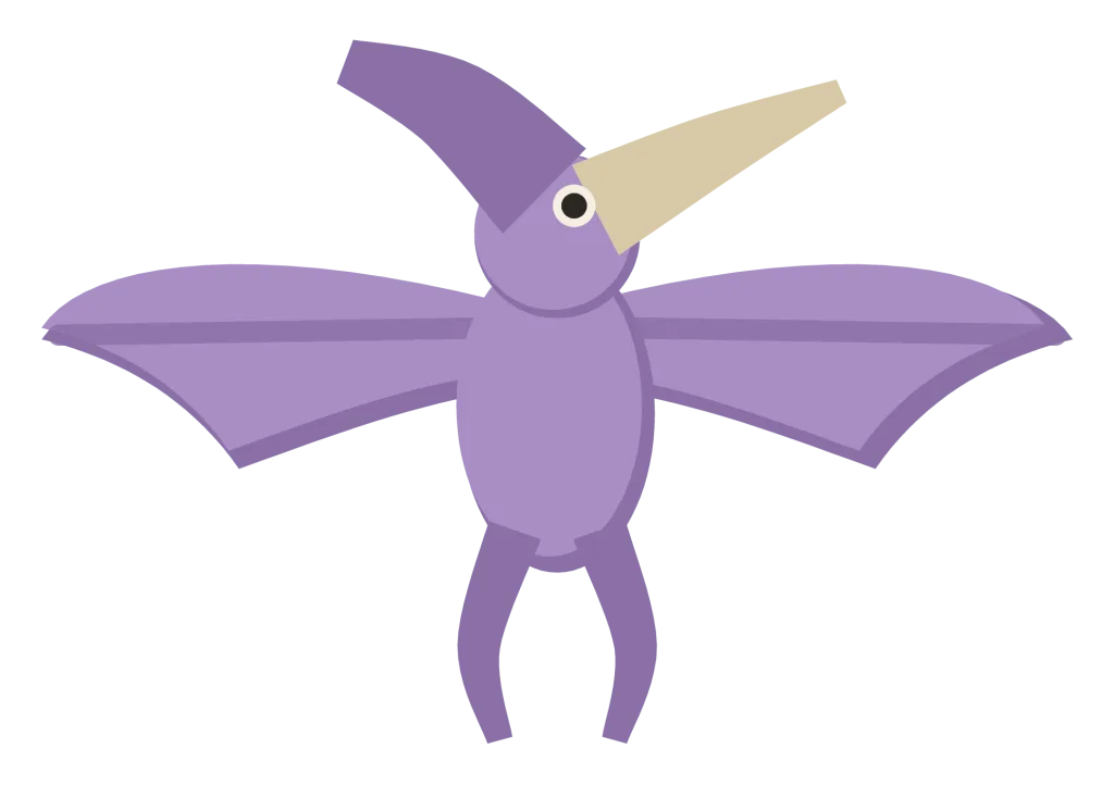 A violet pteranodon in flight, with wide membrane wings, a long backward head crest and a pointed beak.