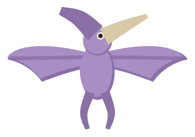 A violet pteranodon in flight, with wide membrane wings, a long backward head crest and a pointed beak.