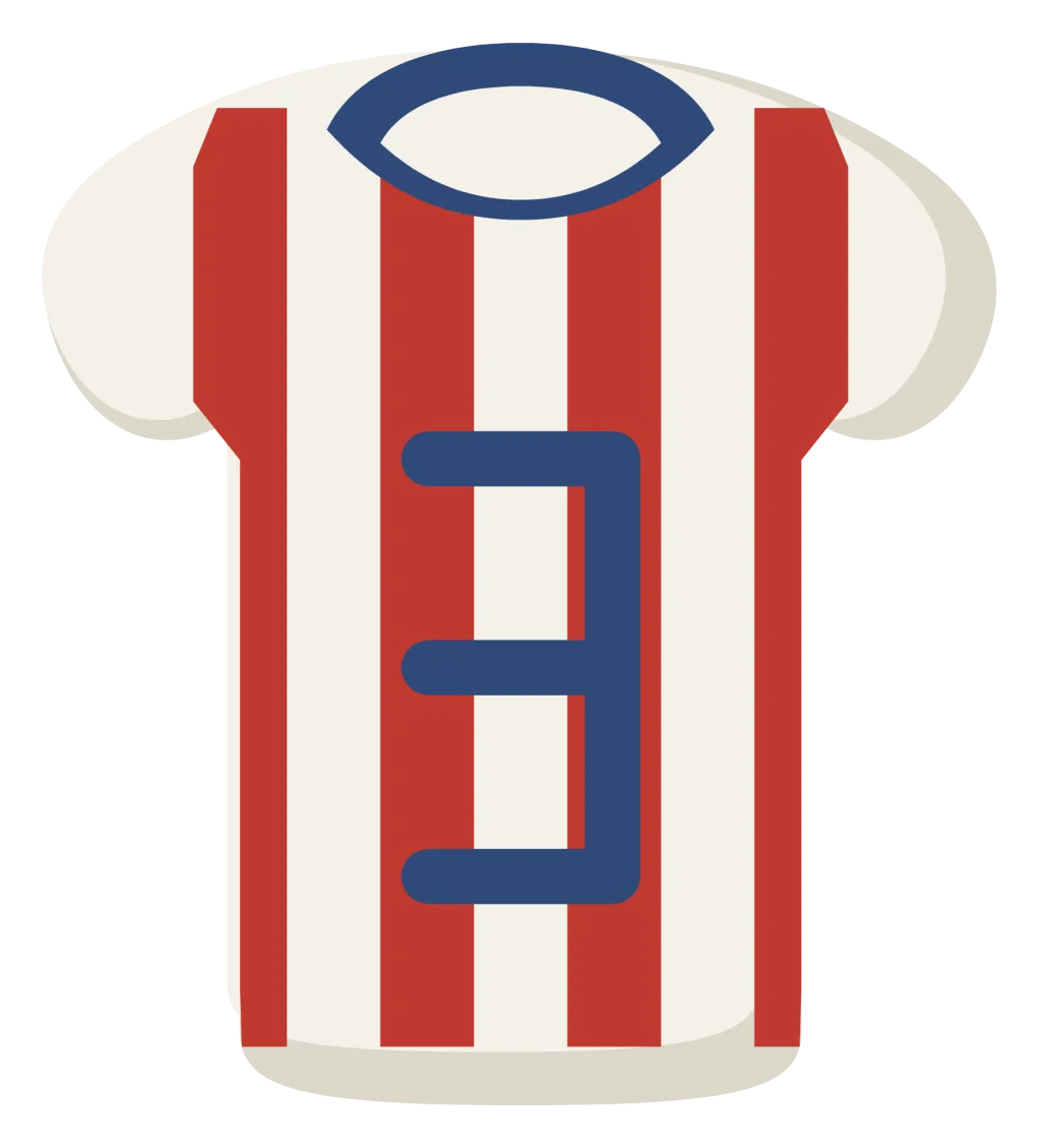 A red and white striped soccer jersey with a navy number on the front and a navy collar.