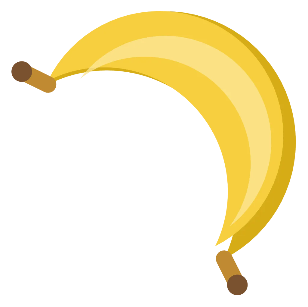 A curved yellow banana with brown tips and a soft highlight along its inner curve.