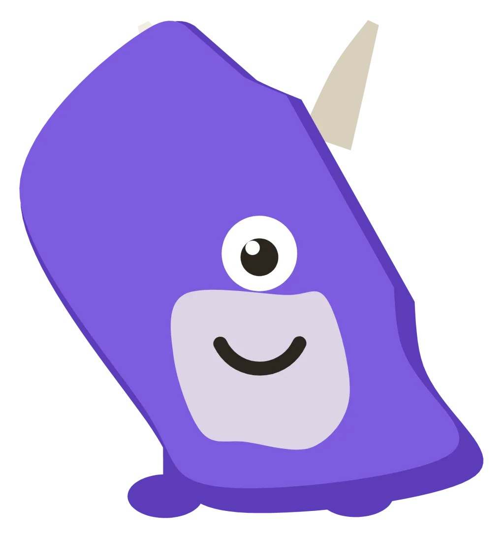 A purple Snip with one large eye, two pale horns and a rounded pale belly.