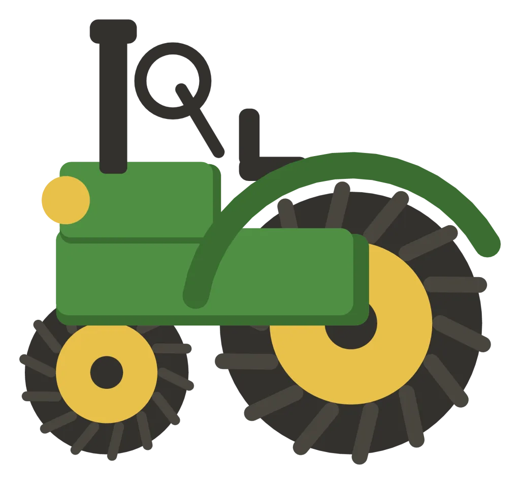 A green tractor in profile, with a huge rear wheel, a small front wheel, an exhaust stack and an open seat.