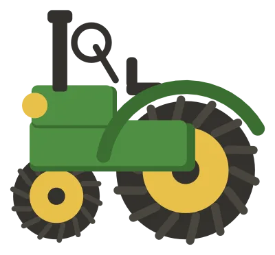 A green tractor in profile, with a huge rear wheel, a small front wheel, an exhaust stack and an open seat.