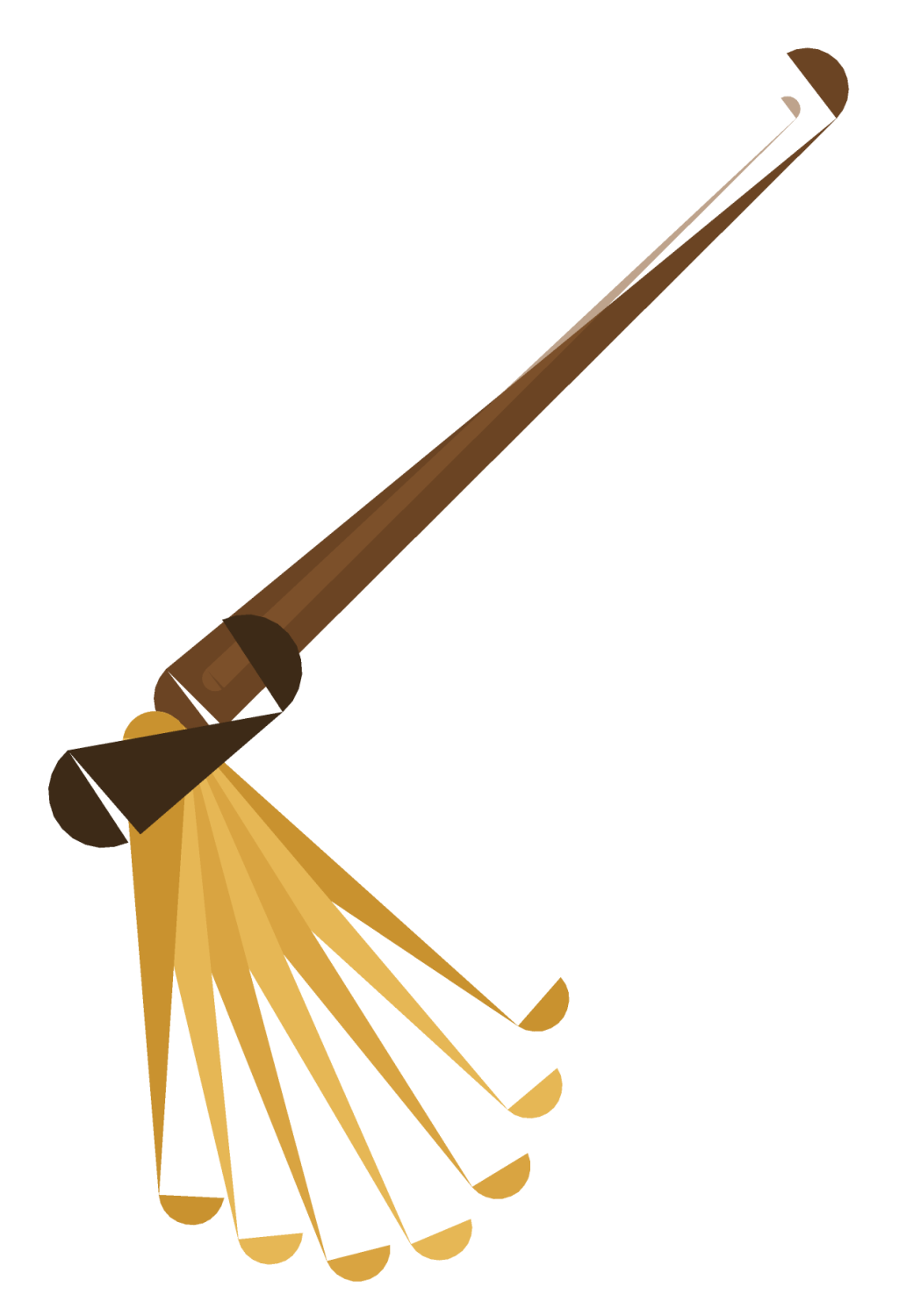 A wooden witch broom with a long handle, a fanned straw head and a dark binding band.
