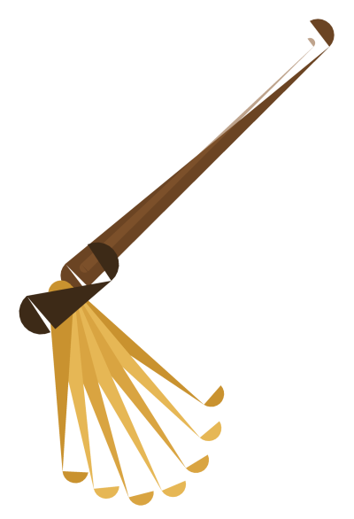 A wooden witch broom with a long handle, a fanned straw head and a dark binding band.