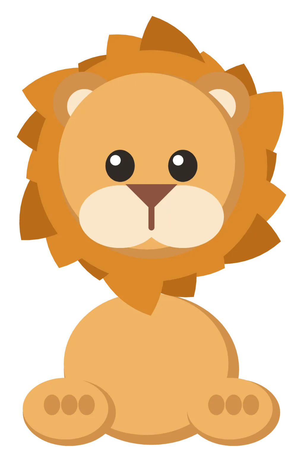 A friendly lion facing forward with a full orange mane, round ears and a cream muzzle.