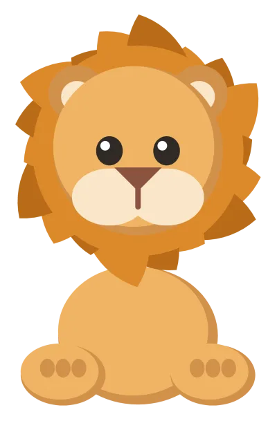 A friendly lion facing forward with a full orange mane, round ears and a cream muzzle.