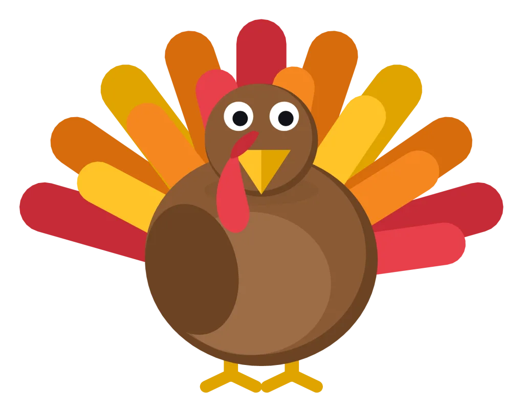 A plump brown cartoon turkey with a fanned tail of red, orange and yellow feathers, a red wattle and an orange beak.