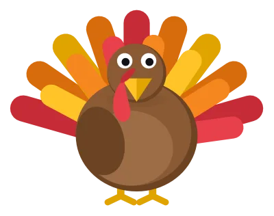 A plump brown cartoon turkey with a fanned tail of red, orange and yellow feathers, a red wattle and an orange beak.