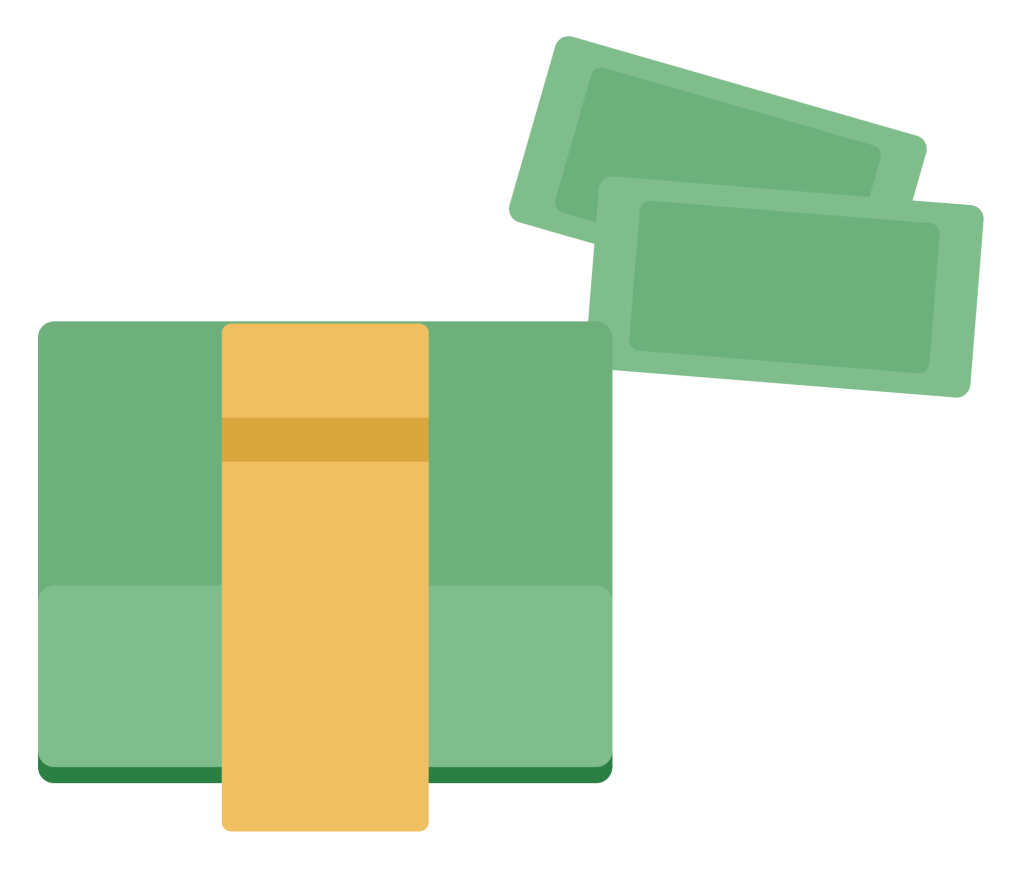 A banded stack of green banknotes with a few loose notes fanned beside it.