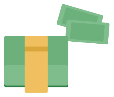A banded stack of green banknotes with a few loose notes fanned beside it.
