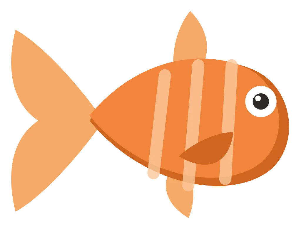 An orange tropical fish in side view with pale stripes, a fanned tail and a round eye.