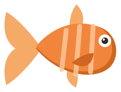 An orange tropical fish in side view with pale stripes, a fanned tail and a round eye.
