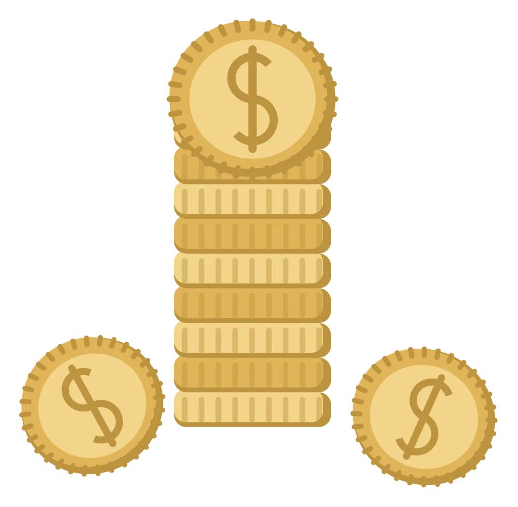 A tall stack of gold coins with two more leaning against the base.