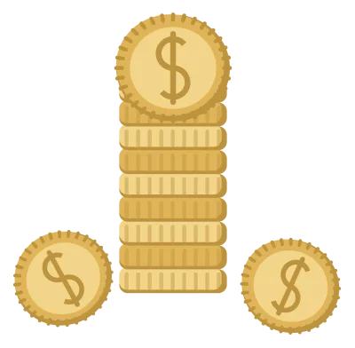 A tall stack of gold coins with two more leaning against the base.