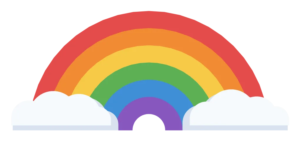 An arched rainbow in six colours with a small white cloud at each end.